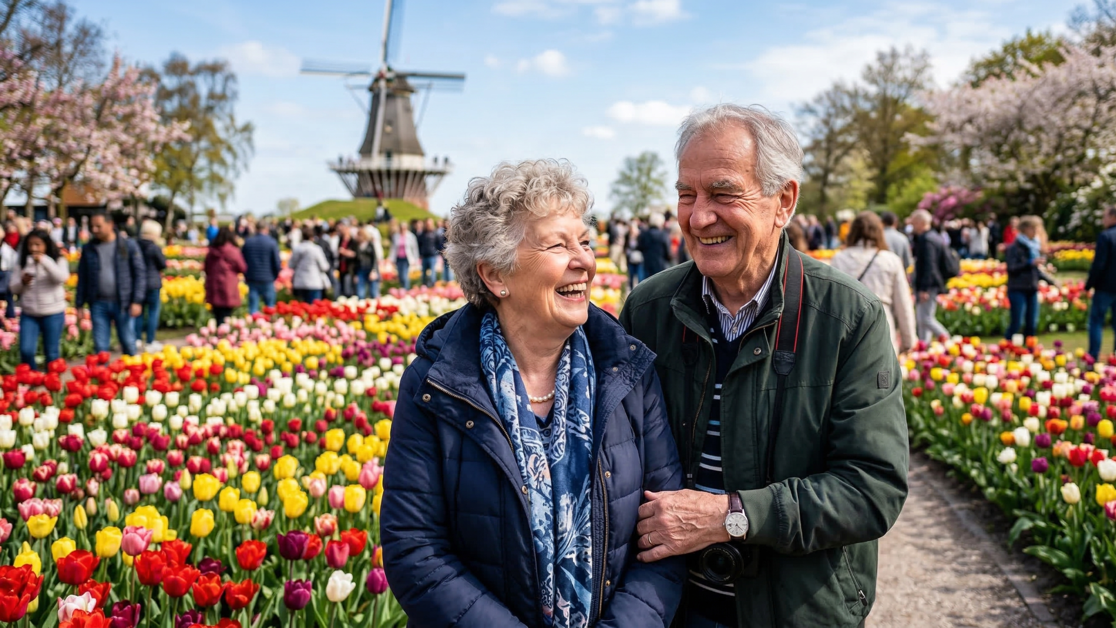 Para seniorów uśmiechnięta na festiwalu tulipanów Holandii.