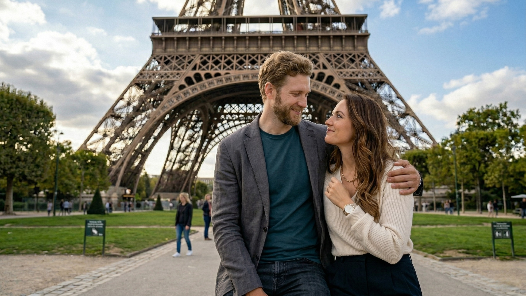 Zakochana para na City Breaku w Paryżu pod Wieżą Eiffla